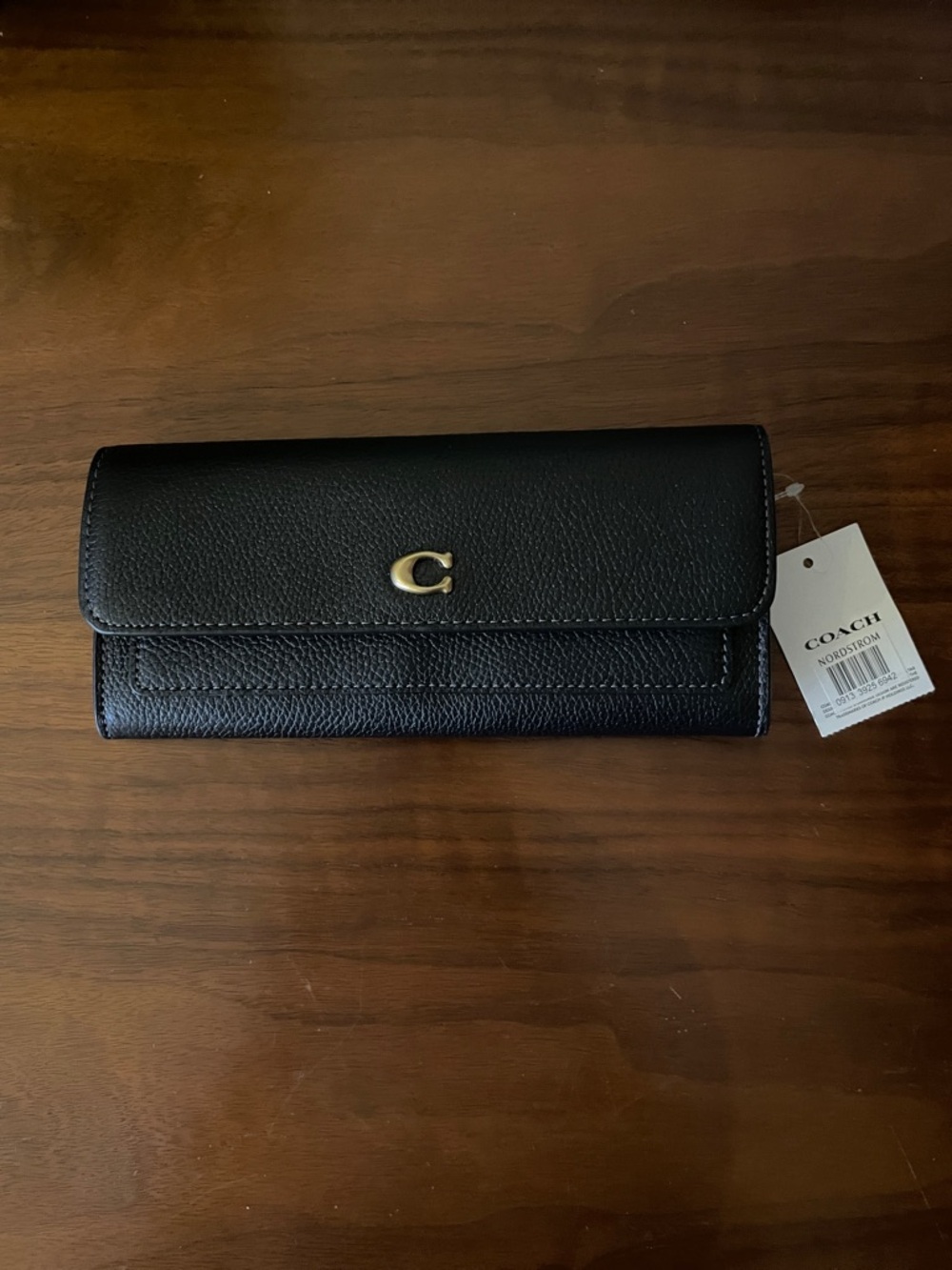 Coach Black Pebbled Leather Long Wallet with Gold 'C' Logo